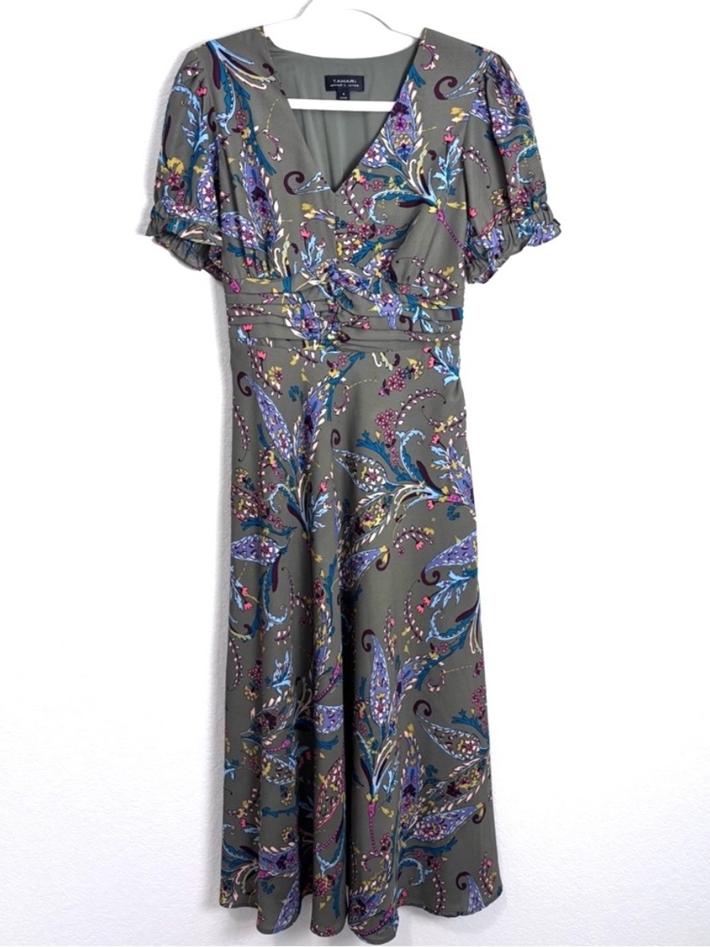Tahari Olive Green Floral Paisley Short Sleeve Midi Dress Women’s 4 Romantic